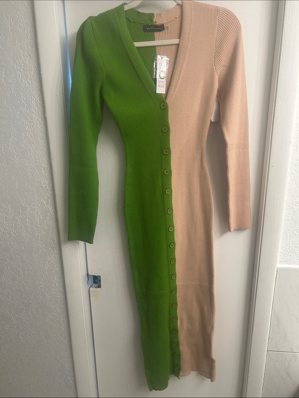G.I.L.I. Two-Tone Ribbed Button-Front Long Sleeve Dress - Green & Beige